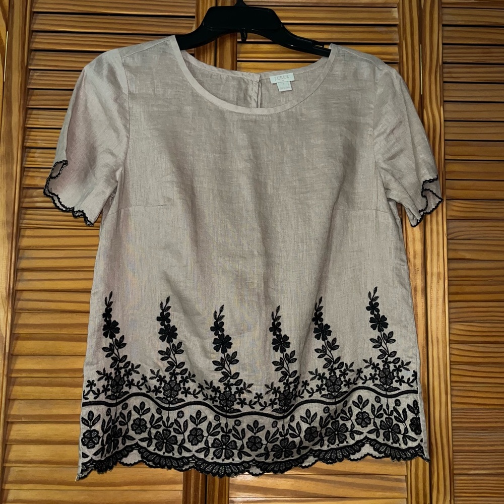 J Crew Factory Scalloped Embroidered Linen Short Sleeve Size 0 Top